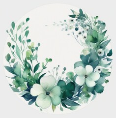 Green Flowers Wreath With White Circle. Watercolor Drawing With Branches. Generative AI