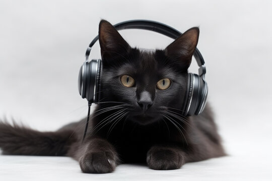 Cat With Headphones On White Background. Generative AI