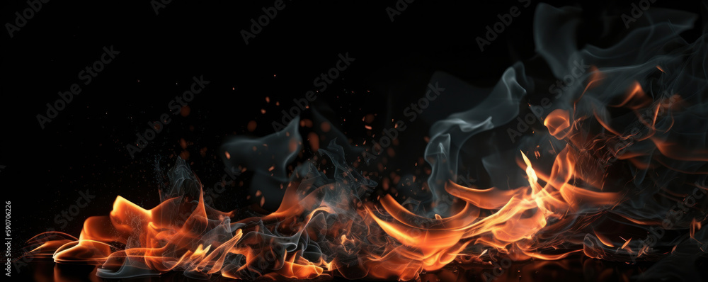 Poster a macro close-up of a fiery flame with sparks and smoke against a black background, creating an abst
