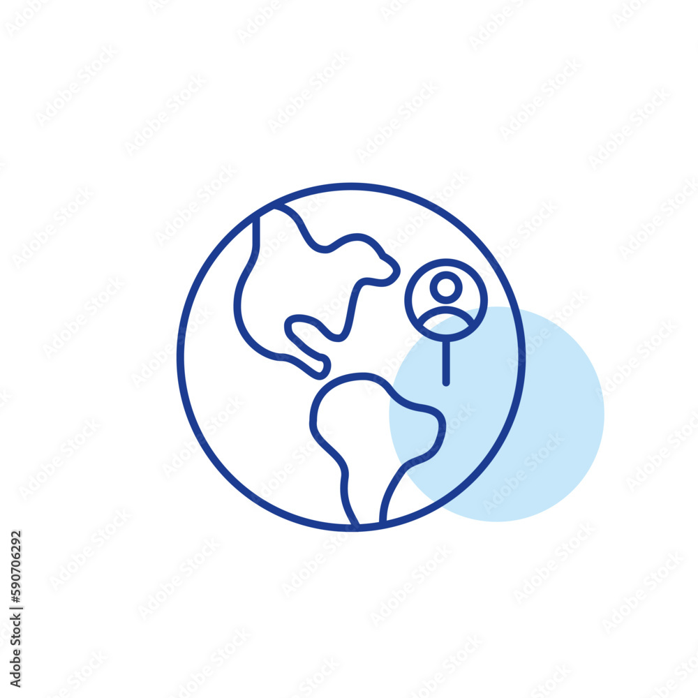 Poster earth globe with user pin pointer. customer location. pixel perfect, editable stroke line icon