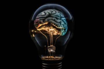 The electric brain shaped light bulb emits a glowing bright light, symbolizing creativity and intelligence. Perfect for science and technology concepts. AI Generative, Thinking idea concept
