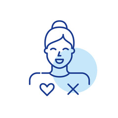 Girl user of dating app with match or miss symbols. Finding romantic partner online. Pixel perfect, editable stroke icon