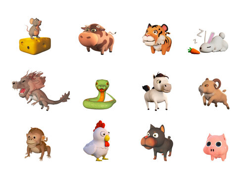 3d 12 animal chinese zodiac. 3d rendering. png file