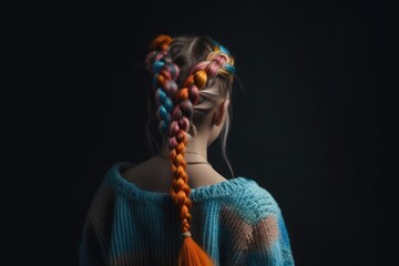 Young Girl With Colorful Braids In Her Hair Back View. Generative AI