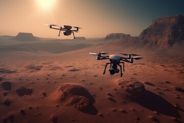 Fototapeta na wymiar Quadcopter Hovering Over Planets Surface. Generative AI