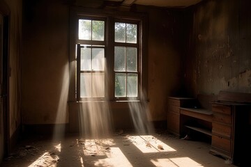 Fototapeta premium Sunbeam Shining Through Dusty Windowpane. Generative AI