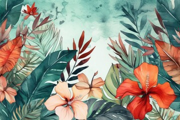 Watercolor Frame With Tropical Leaves And Flowers. Generative AI