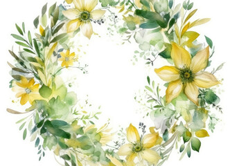 Fototapeta na wymiar The Green Watercolor Floral Wreath Frame In White And Yellow Floral. Round Wreath With Space For Text. Generative AI