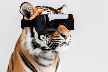 Fototapeta na wymiar Tiger With Virtual Glasses On White Background. Generative AI