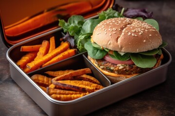 Vegan Lunch Box With Veggie Burger, Sweet Potato Fries, And Dipping Sauce. Generative AI