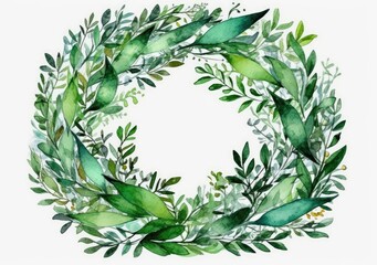 Watercolor Floral Wreath Green Leaves Background Pattern. Generative AI