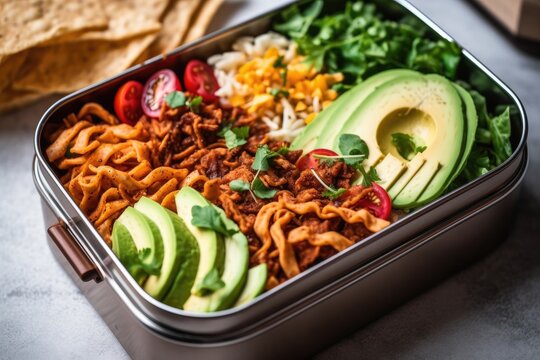 Vegan Taco Salad Lunch Box With Crispy Tortilla Strips And Avocado. Generative AI