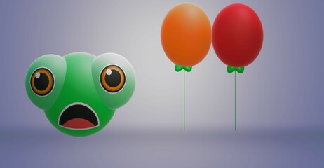 A painting depicting a green frog with big eyes and two balloons.