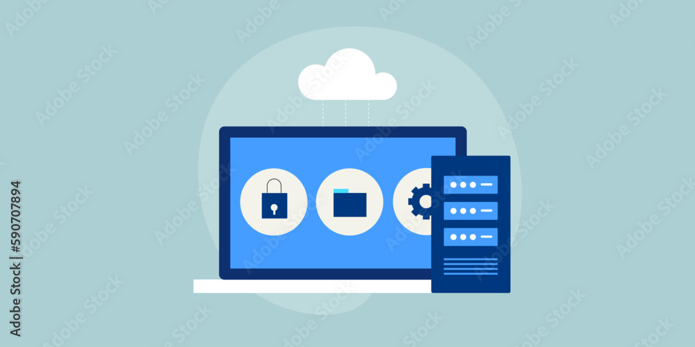 Aufkleber cloud server web hosting service, secure cloud storage laptop communication technology background, v