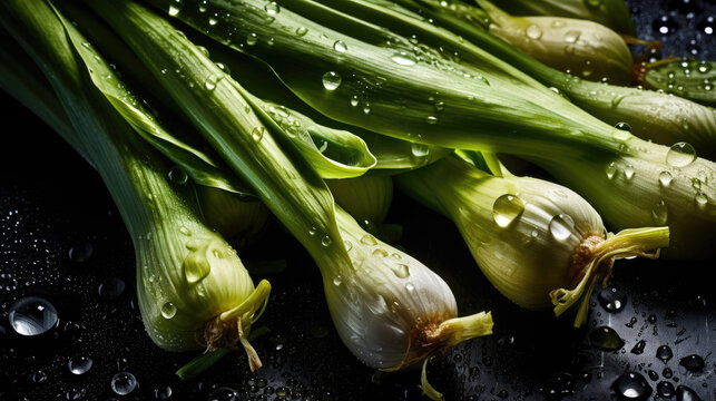 Leek, adorned with glistening droplets of water. Generative AI