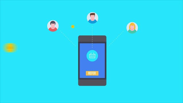 Person sharing product information with other people from mobile, refer and earn concept, affiliate marketing strategy. Video animation concept.
 