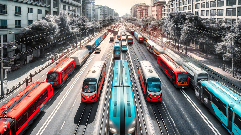 Poster a dynamic image of a city thriving with autonomous vehicles, demonstrating the transformative potent
