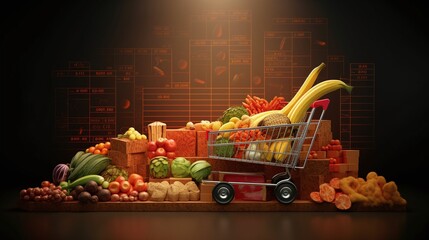 Grocery Shopping Cart with healthy organic food, food crisis, food shortage, inflation - Generative Ai