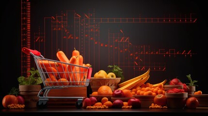 Grocery Shopping Cart with healthy organic food, food crisis, food shortage, inflation - Generative Ai