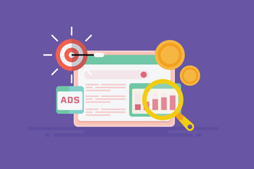 Digital advertising increase search engine visibility and web traffic business website, target internet audience with search marketing campaign, vector illustration.