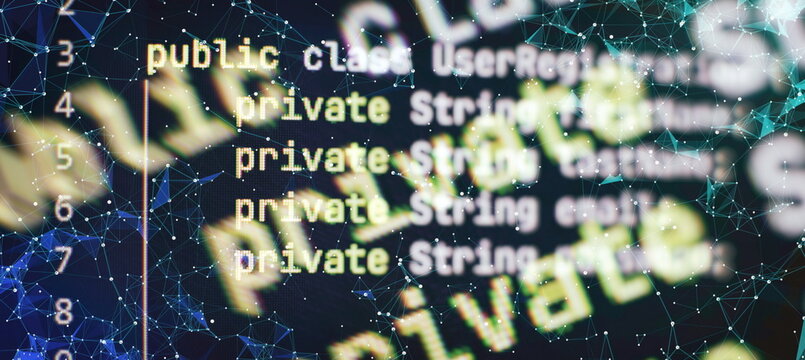 Monitor closeup of function source code. Abstract IT technology background. Software source code.