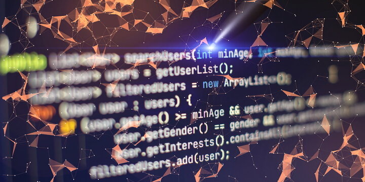 Abstract computer script code. Programming code screen of software developer.