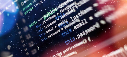 Monitor closeup of function source code. Abstract IT technology background. Software source code.