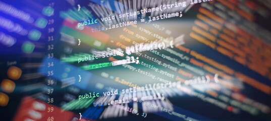 Monitor closeup of function source code. Abstract IT technology background. Software source code. - obrazy, fototapety, plakaty