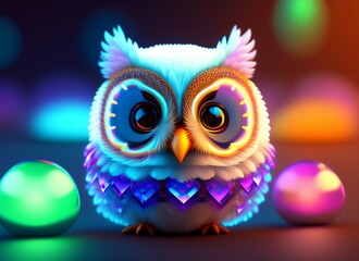 Naklejka premium A realistic cute adorable baby owl made of crystal ball with low poly eye's surrounded by glowing aura concept art with vivid beautiful colors generative ai