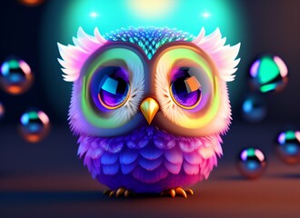 A realistic cute adorable baby owl made of crystal ball with low poly eye's surrounded by glowing aura concept art with vivid beautiful colors  generative ai