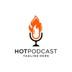 Fire Podcast logo design template. Flame fire podcast mic logo vector icon illustration.