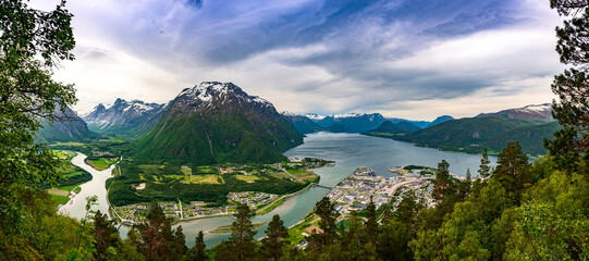 Panoramic view of Rampestreken viewpoint to a mountain scenery near Andalsnes city, Norway