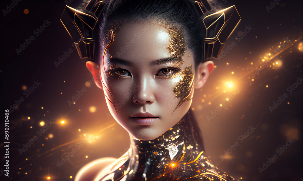 Poster a close up of humanoid cyber girl with a gold neural network thinks. robot woman or humanoid cyber g