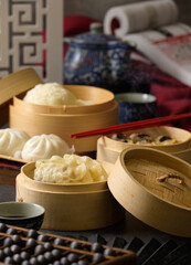 Bamboo steamers with assorted dim sum, Chinese cuisine