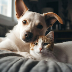 Fototapeta na wymiar 寄り添う猫と犬_Cuddly cat and dog_Generative AI