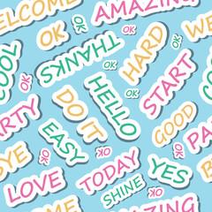 sticker words pattern. motivation phrase, dialogue colored words. vector funny simple cartoon letters.