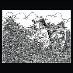 Weeds Farmer Black and White Illustration