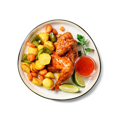 Air fryer chicken with crispy vegetable and different sauces isolated on white background. top view