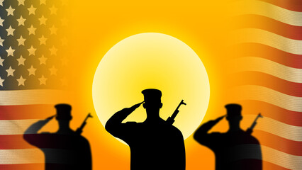 three soldiers saluting national flag of America at sunrise time