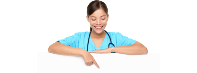 Doctor or Nurse Sign. Beautiful young female doctor pointing at copyspace over white background.