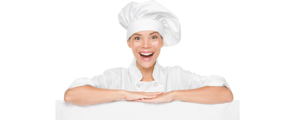 Chef or baker woman showing sign billboard excited smiling happy presenting menu or your copy isolated in transparent PNG. Multicultural Asian / Caucasian female chef in chef uniform and hat.