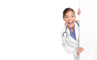 Portrait of cheerful female doctor with blank billboard isolated over white background