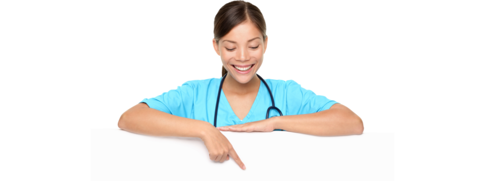 Doctor or Nurse Sign. Beautiful young female doctor pointing at copyspace over white background.