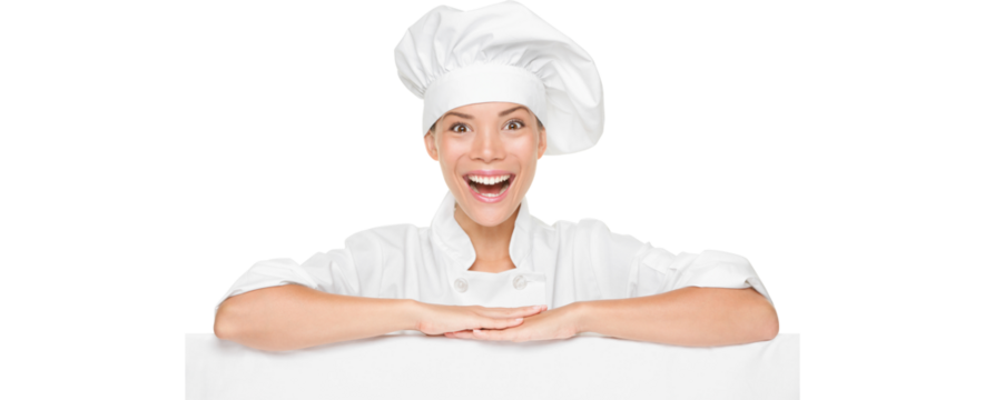 Chef or baker woman showing sign billboard excited smiling happy presenting menu or your copy isolated in transparent PNG. Multicultural Asian / Caucasian female chef in chef uniform and hat.