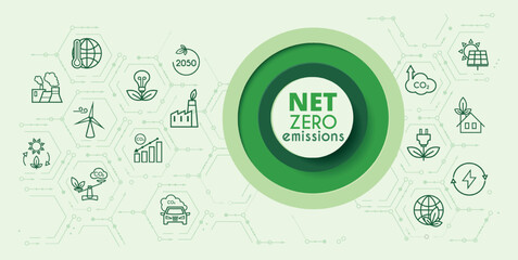 Net zero and carbon neutral concept. Hexagon banner on green background. Net zero greenhouse gas emissions target. Vector illustration.