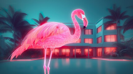 create a holographic visualisation of search for hotel and flight with pink flamingo Generative AI