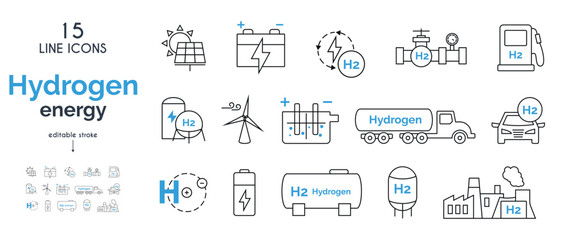 Green hydrogen fuel production icons set. water electrolysis, hydrogen atom, solar energy, windmill, fuel tank, pipeline, hydrogen transport, gas station.