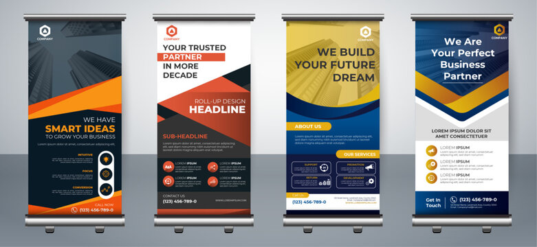 Roll up banner. stand banner layout, advertisement, pull up, polygon background, vector illustration, business flyer, display, x-banner, flag-banner, infographics