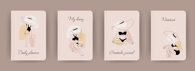 Cover page notebook collection. Templates with abstract women in one line style. Travel books collection. Perfect for diary, magazines, journals, catalogs, planners and flyers. Vector layouts.