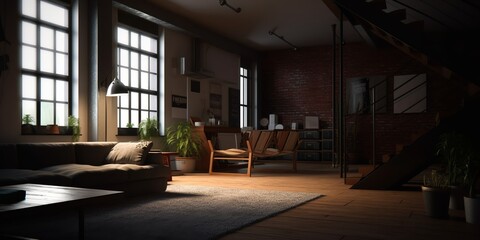 Loft. Studio apartment with an open plan in dark colors. Modern loft apartment with wooden beams, simple modern furniture, brick wall. Loft interior. Generative AI